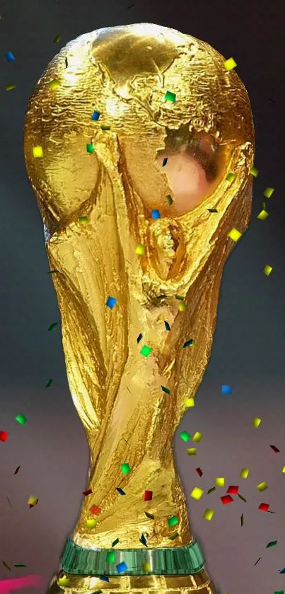 Golden trophy surrounded by colorful confetti.