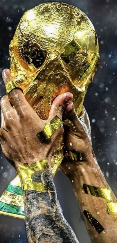 Hands lifting the World Cup trophy in celebration.