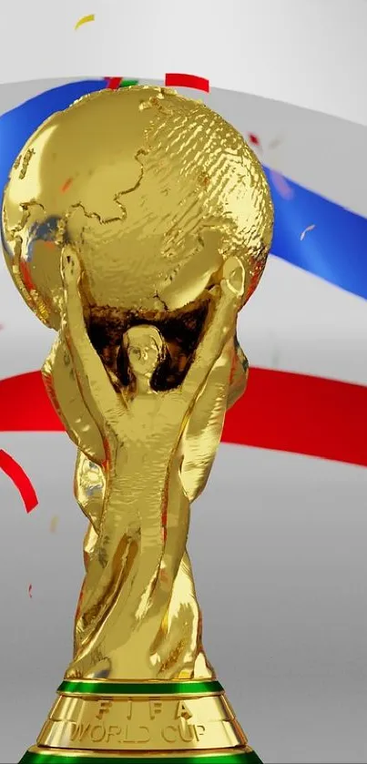 Golden trophy with colorful ribbons and confetti background.