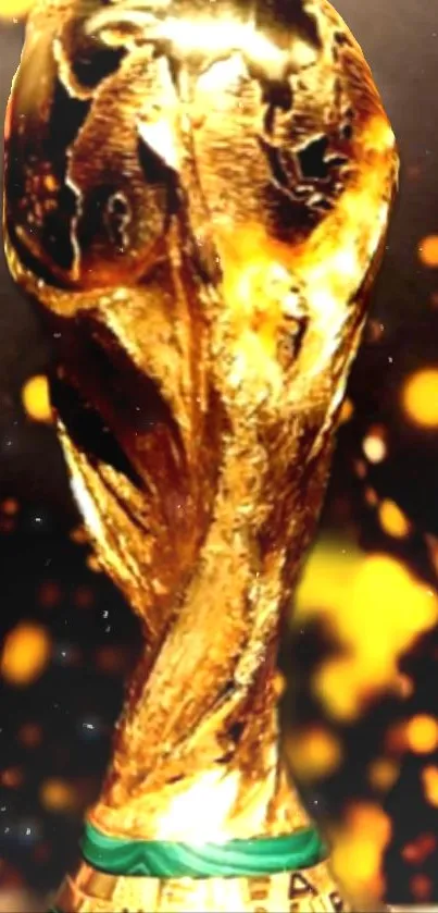 Golden trophy with glowing bokeh lights on display.