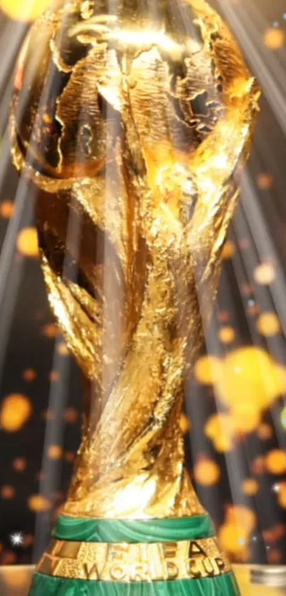 Golden FIFA World Cup trophy wallpaper with shimmering lights.