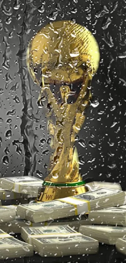 Golden trophy resting on stacks of money, set against a dark background.