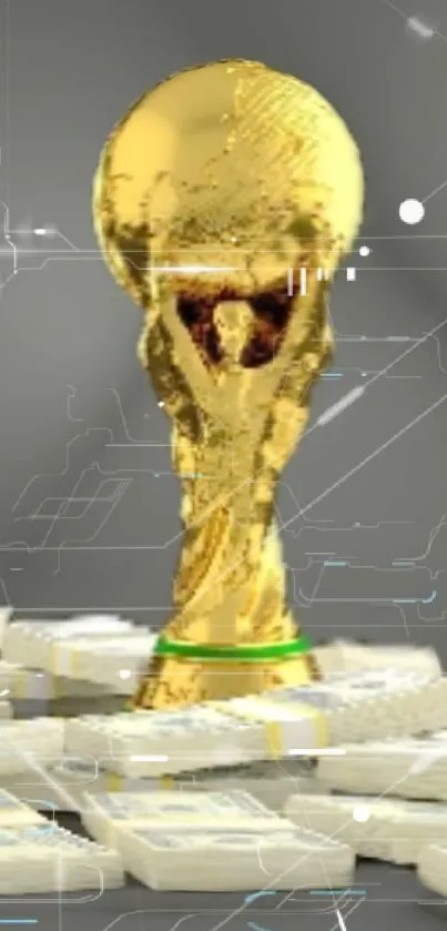 Golden trophy with futuristic overlay and money stacks on a gray background.