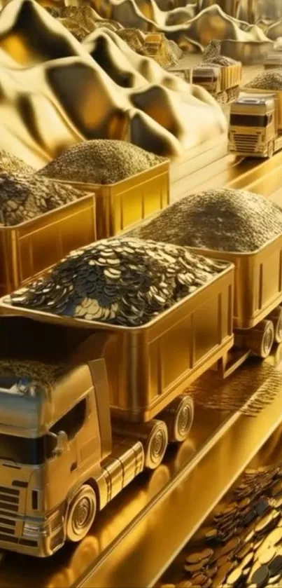 Golden trucks filled with coins on road