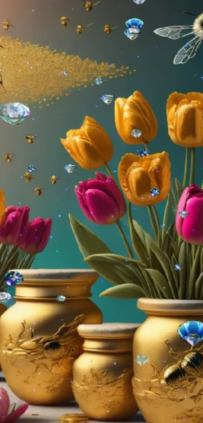 Golden vases with tulips and bees against a colorful backdrop.