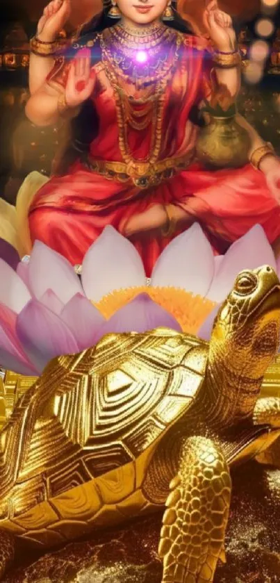 Golden turtle with divine background on rich, vibrant wallpaper.