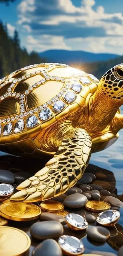 Golden turtle with jewels and coins by a serene lake.