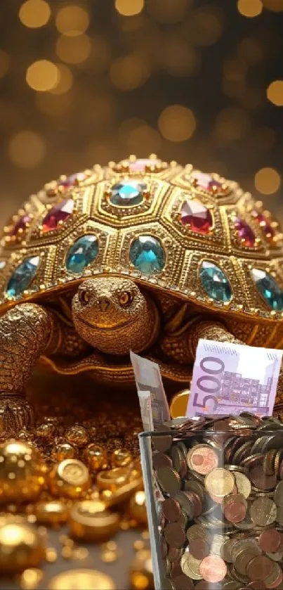 Luxurious gold turtle with jewels surrounded by coins.