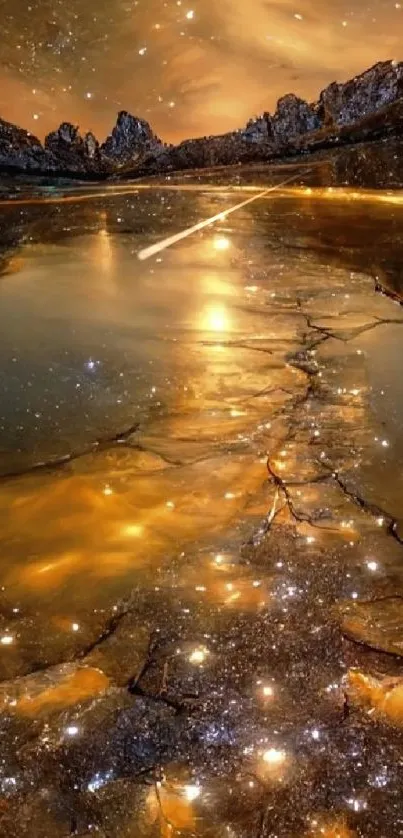 Golden twilight lake reflection with starry night sky.