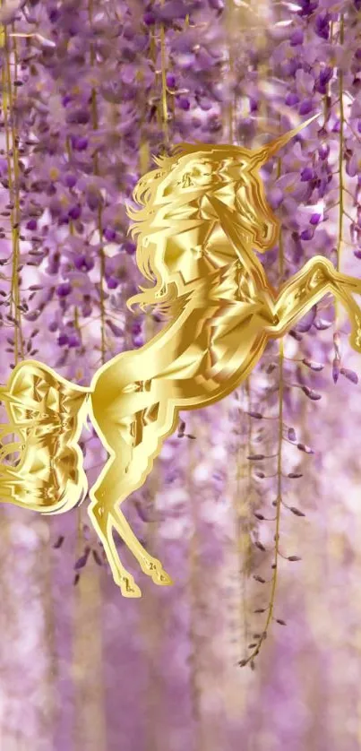 Golden unicorn against violet floral backdrop.