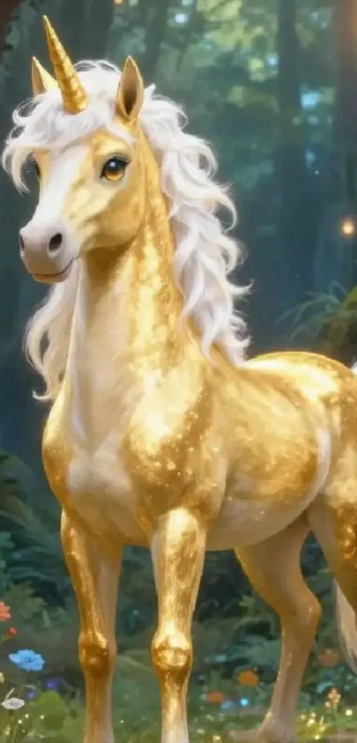 A golden unicorn in an enchanted forest with magical ambiance.