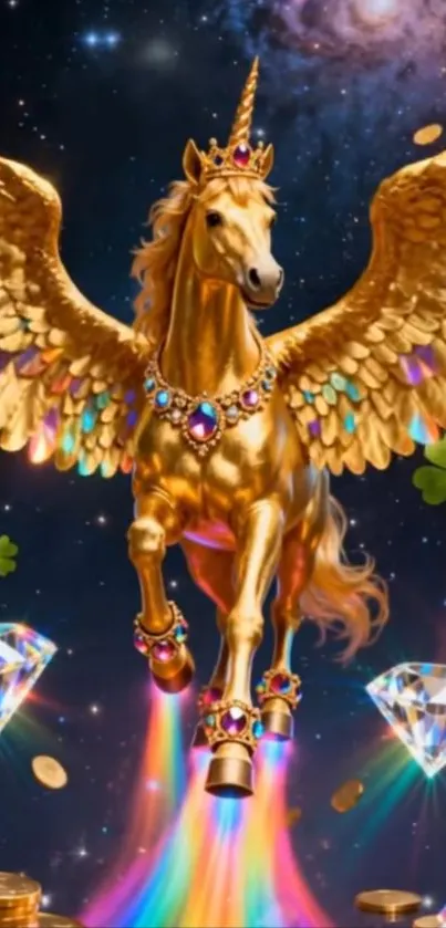Golden unicorn with jeweled wings in cosmic fantasy scene.