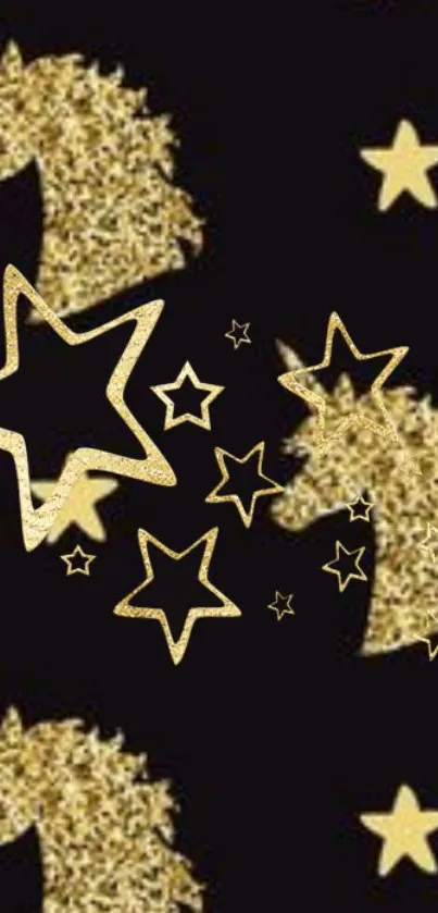 Gold unicorns and stars on black wallpaper