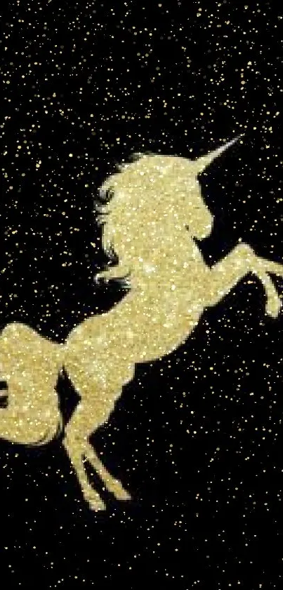 Shimmering golden unicorn on black background mobile wallpaper.