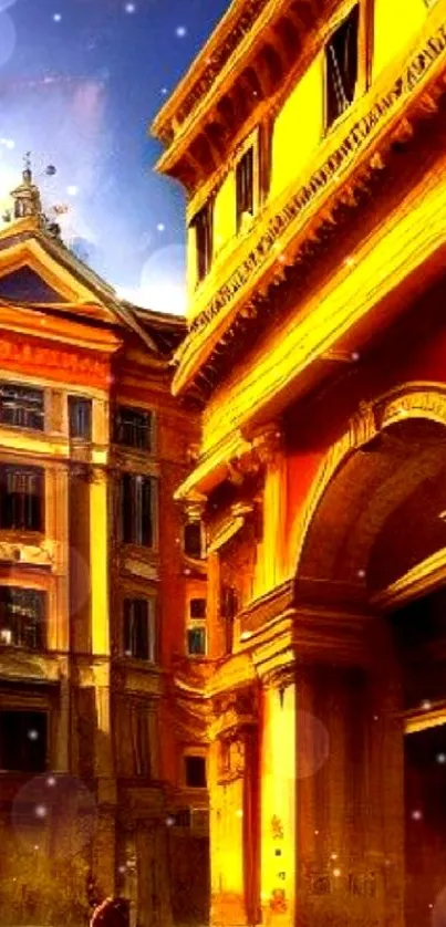 Golden city street with classic architecture under sunlight.