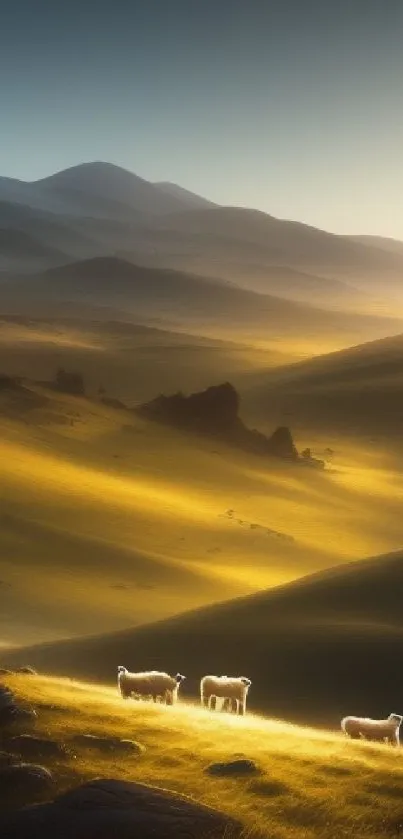 Golden valley with sheep under a vast sky.