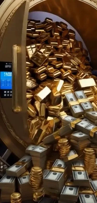 Vault overflowing with gold bars and dollar bills.