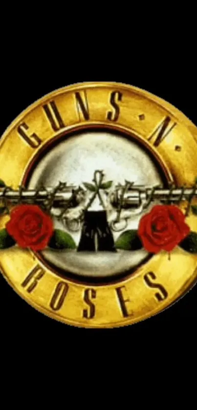 Guns N' Roses iconic logo with roses and bullets on black background.