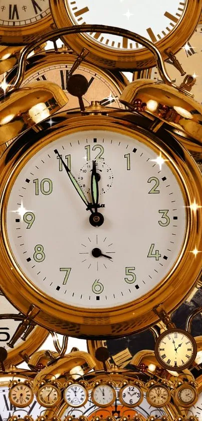 Elegant wallpaper featuring vintage golden clocks with classic designs.