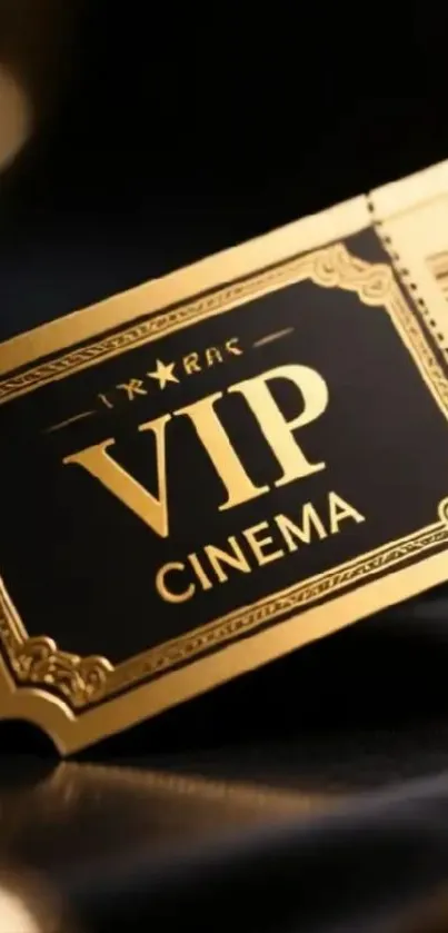 Golden VIP cinema ticket on dark background.