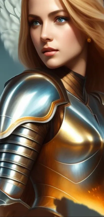 Golden-armored warrior angel in fantasy art wallpaper.