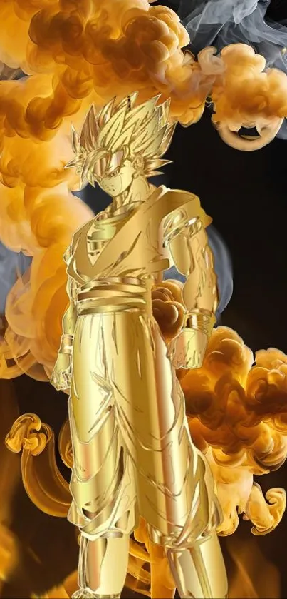 Gold warrior with smoke effect in vibrant anime wallpaper.