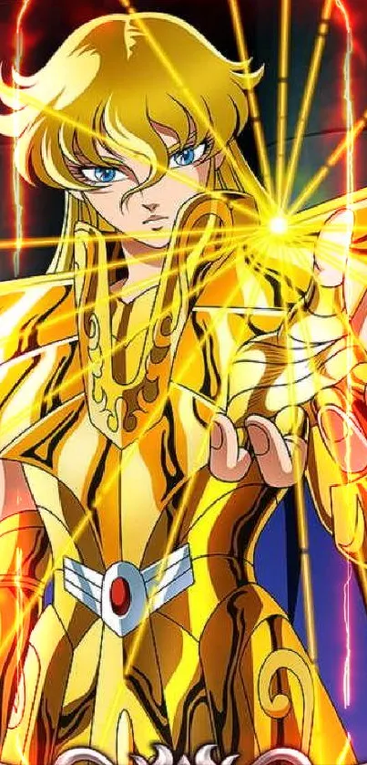 Anime warrior in golden armor with dynamic pose and glowing effect.