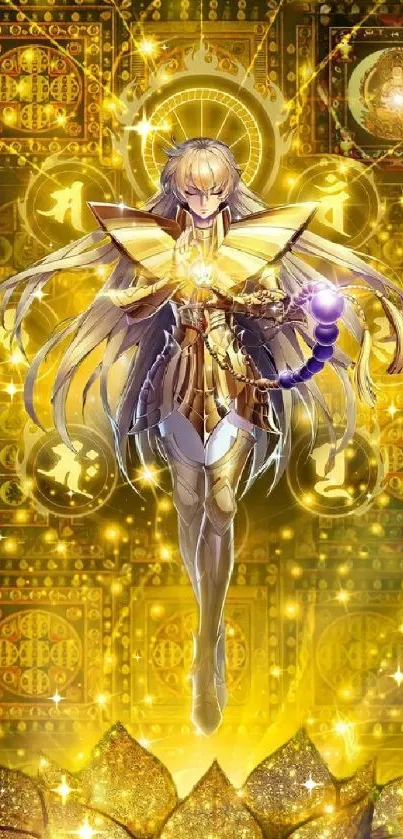 Anime golden warrior with shimmering armor and mystical background.