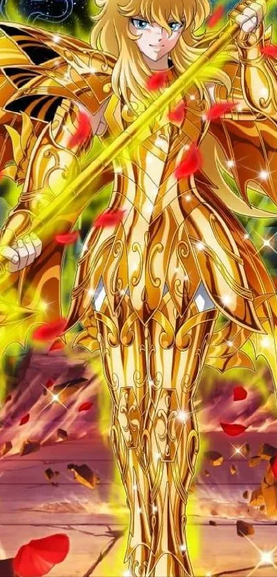 Golden armored anime warrior with sword and vibrant background.