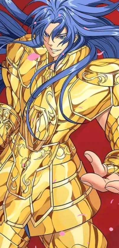 Anime warrior in golden armor with blue hair and a red background.