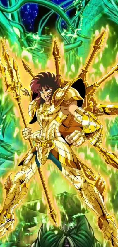 Anime wallpaper featuring a golden warrior in a vivid green backdrop.