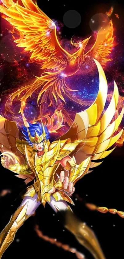 Anime character in golden armor with a phoenix on a vibrant fantasy backdrop.