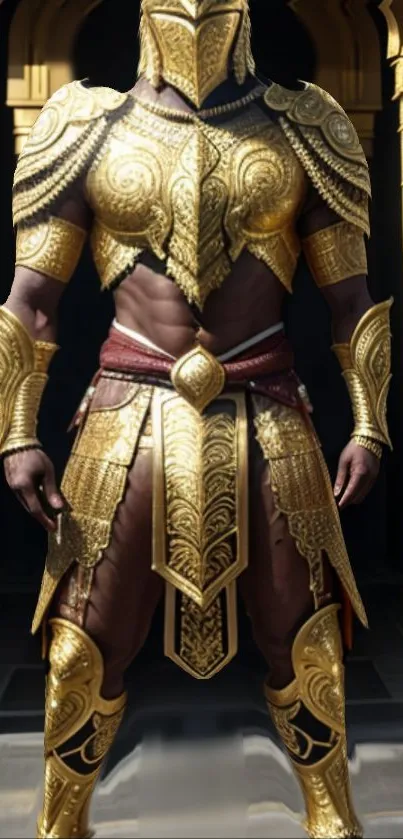 Warrior in detailed golden armor with intricate designs.