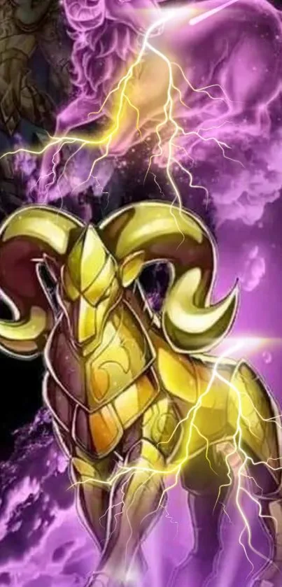 Golden armored warrior with lightning on purple background.