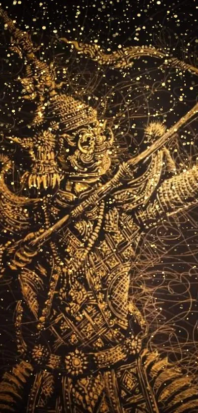 Golden warrior art with intricate designs on a dark brown background.