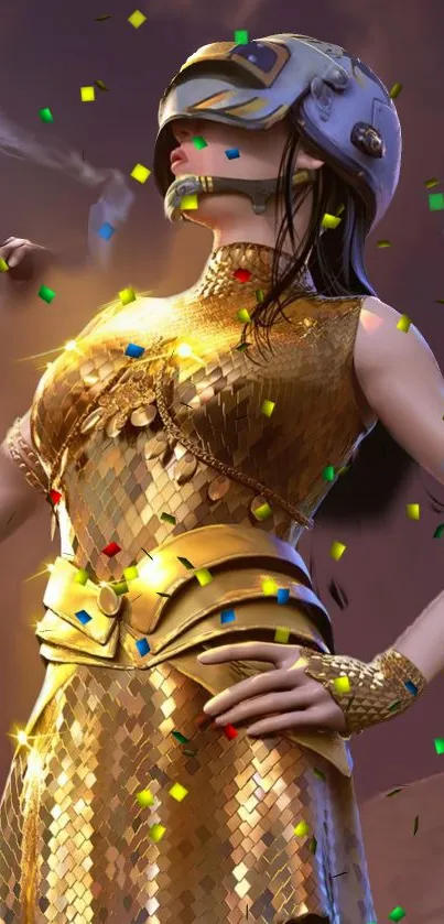 Golden warrior in futuristic armor with confetti backdrop.