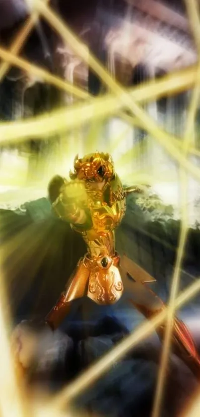 Golden armored warrior with energy beams in a mystical background scene.