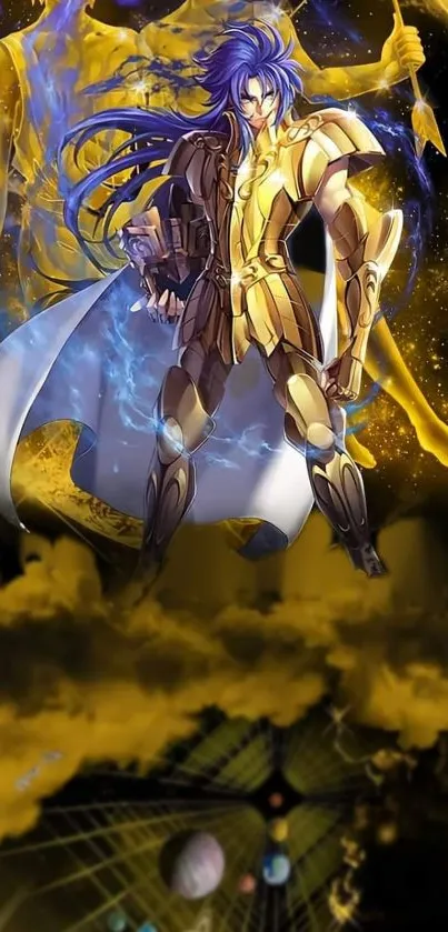 Illustration of armored warrior set against a golden cosmic backdrop.