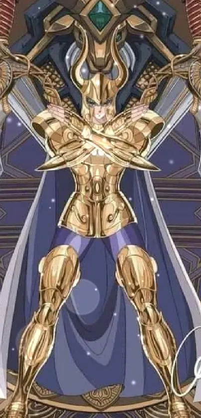 Illustrated warrior in golden armor standing heroically.