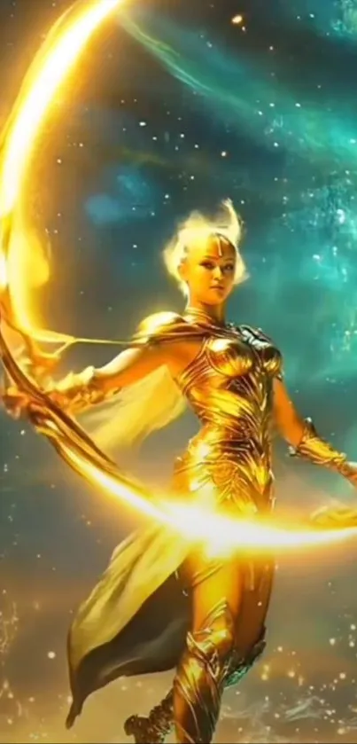 Golden warrior with a celestial background holding a glowing bow.