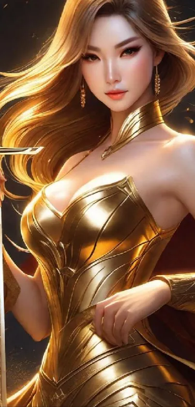 Golden armored female warrior wallpaper with a sword in elegant pose.