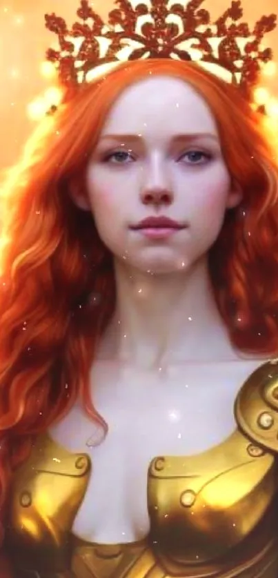 Warrior princess with red hair and golden armor on a glowing background.