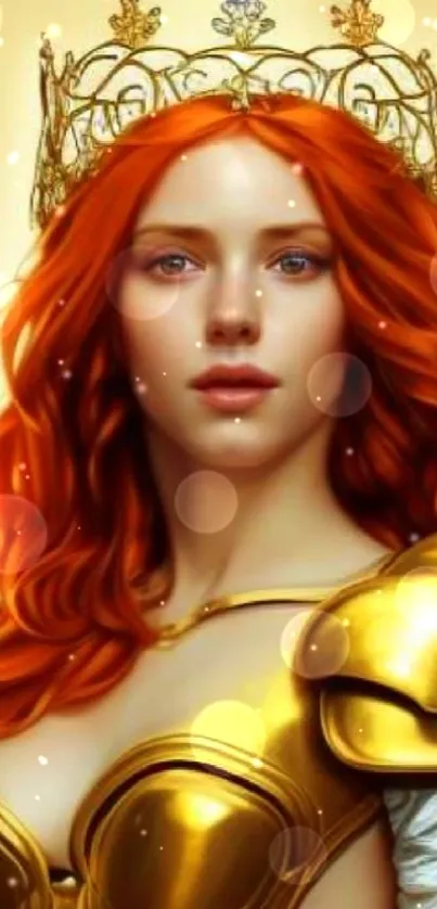 Golden-haired warrior princess in armor with crown, fantasy style.