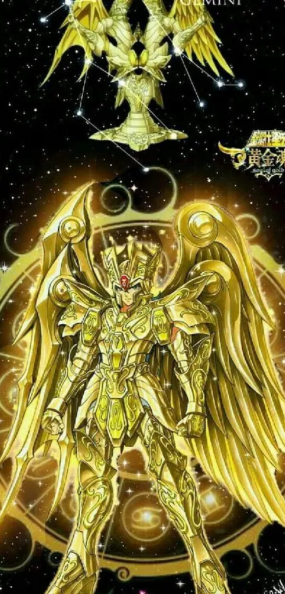 Golden armored warrior with wings and cosmic backdrop.