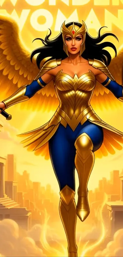 Golden warrior woman with wings in a fantasy setting.