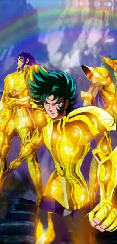 Golden armored anime warriors with celestial background.