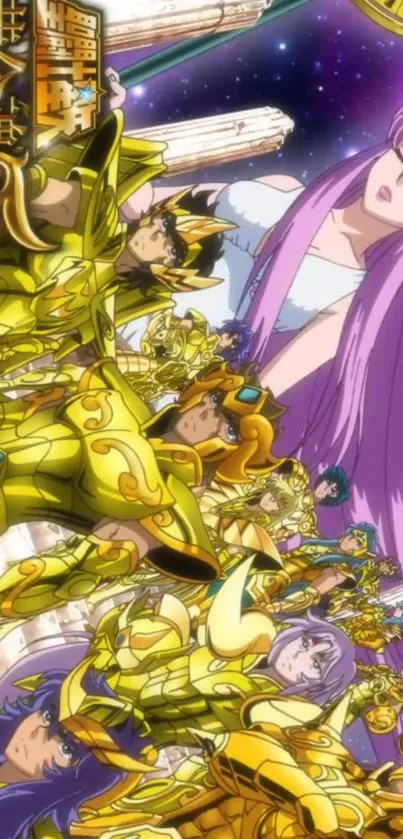 Anime warriors in golden armor and cosmic background.