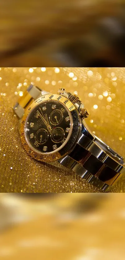 Luxury watch with gold glittering background wallpaper.