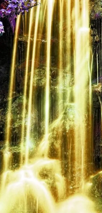 Golden waterfall flowing amidst green foliage.