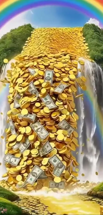 Colorful waterfall of gold coins with rainbows, perfect for fantasy wallpaper.